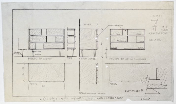 Gio Ponti’s sketches for the Cassettone series drawer cabinet, 1956. Courtesy of Gio Ponti Archives.