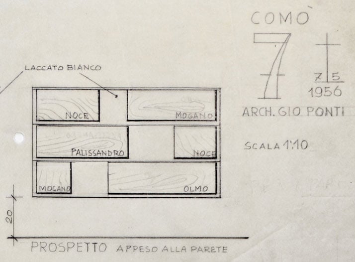(detail) Gio Ponti’s sketch for the Cassettone series drawer cabinet, 1956. Courtesy of Gio Ponti Archives.