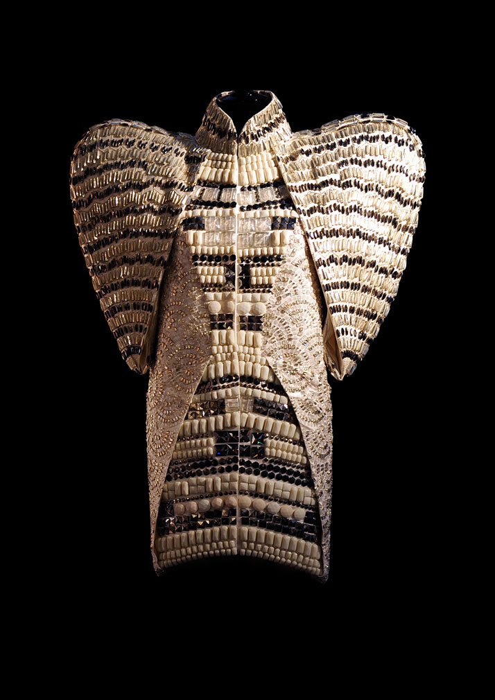 Dice Kayek, ''Hagia Sophia'' dress, 2009.White satin coat covered with complex, hand-stitched embroidery and ancient glass beads, in patterns inspired by Byzantine mosaics.photo © Dice Kayek Archive.