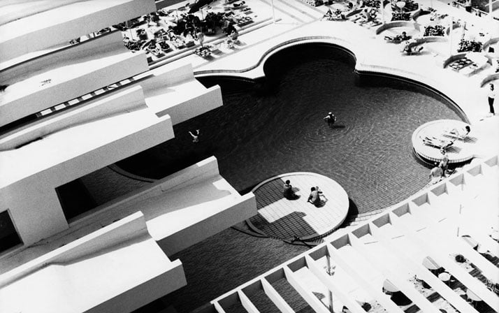 Haludovo  Resort, Malinska, Krk Island. Architect: Boris MagasÌ, 1971-72.The pool  in front of the Hotel Palace at the heart of the resort upon  completion. Photo by Boris MagasÌ, 1972. Photo © CCN Images, Zagreb.