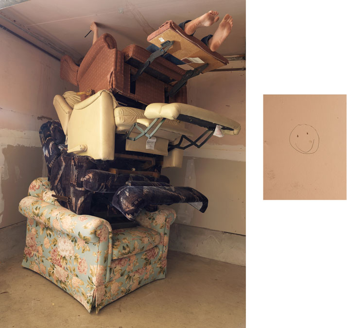 Lazy Girl, 2014; displaced wall &amp; c-print, 46'' x 61'' (Lazy Girl), 14'' x 11'' (Smiley Face). Courtesy of Lee Materazzi.