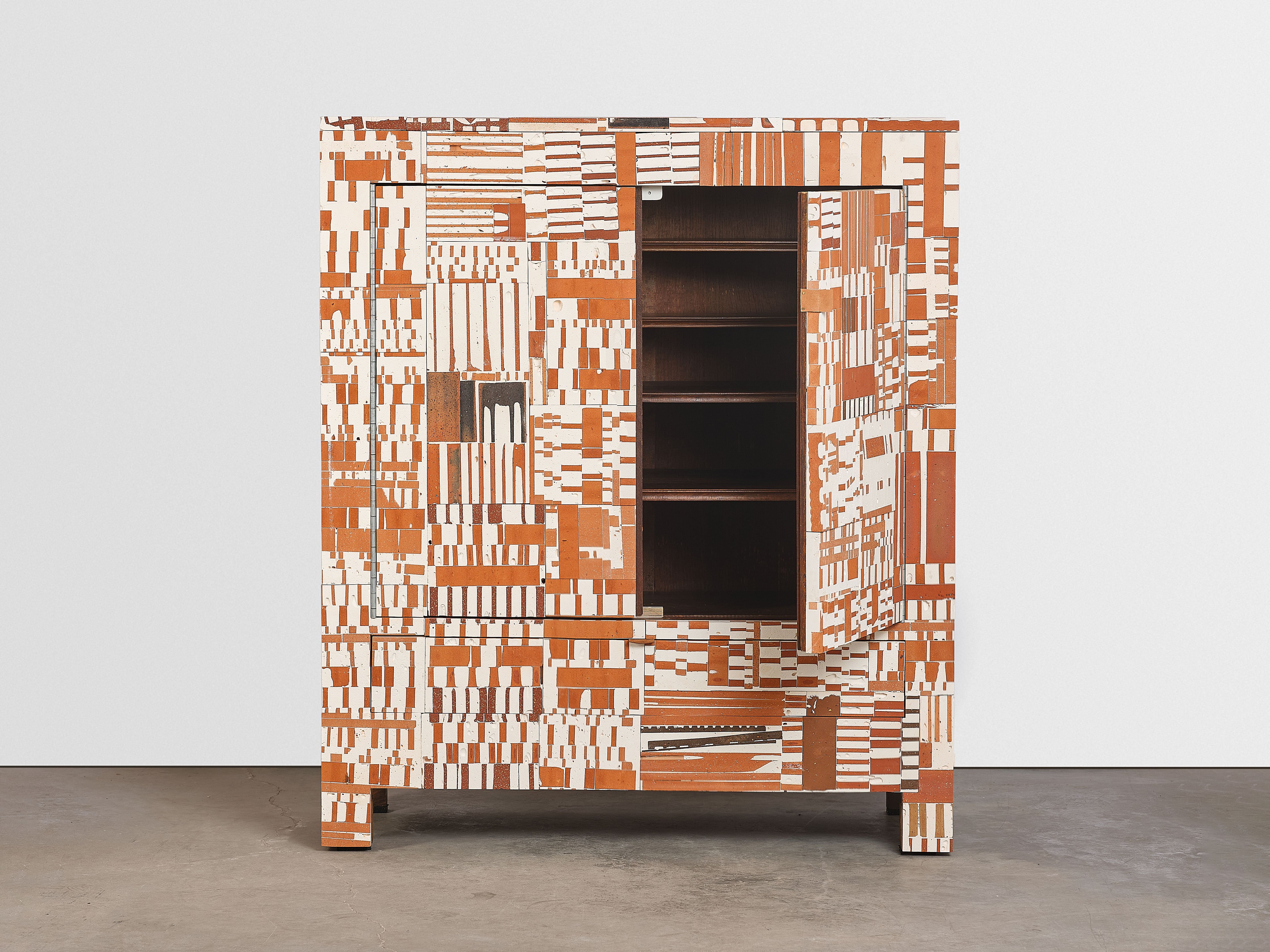 Aurelien Veyrat, Aglomera series, AGF_01 sideboard, 2025. Second hand furniture in oak wood, bricks, plaster, leather. 124 x 53 x 143cm. © Aurelien Veyrat.