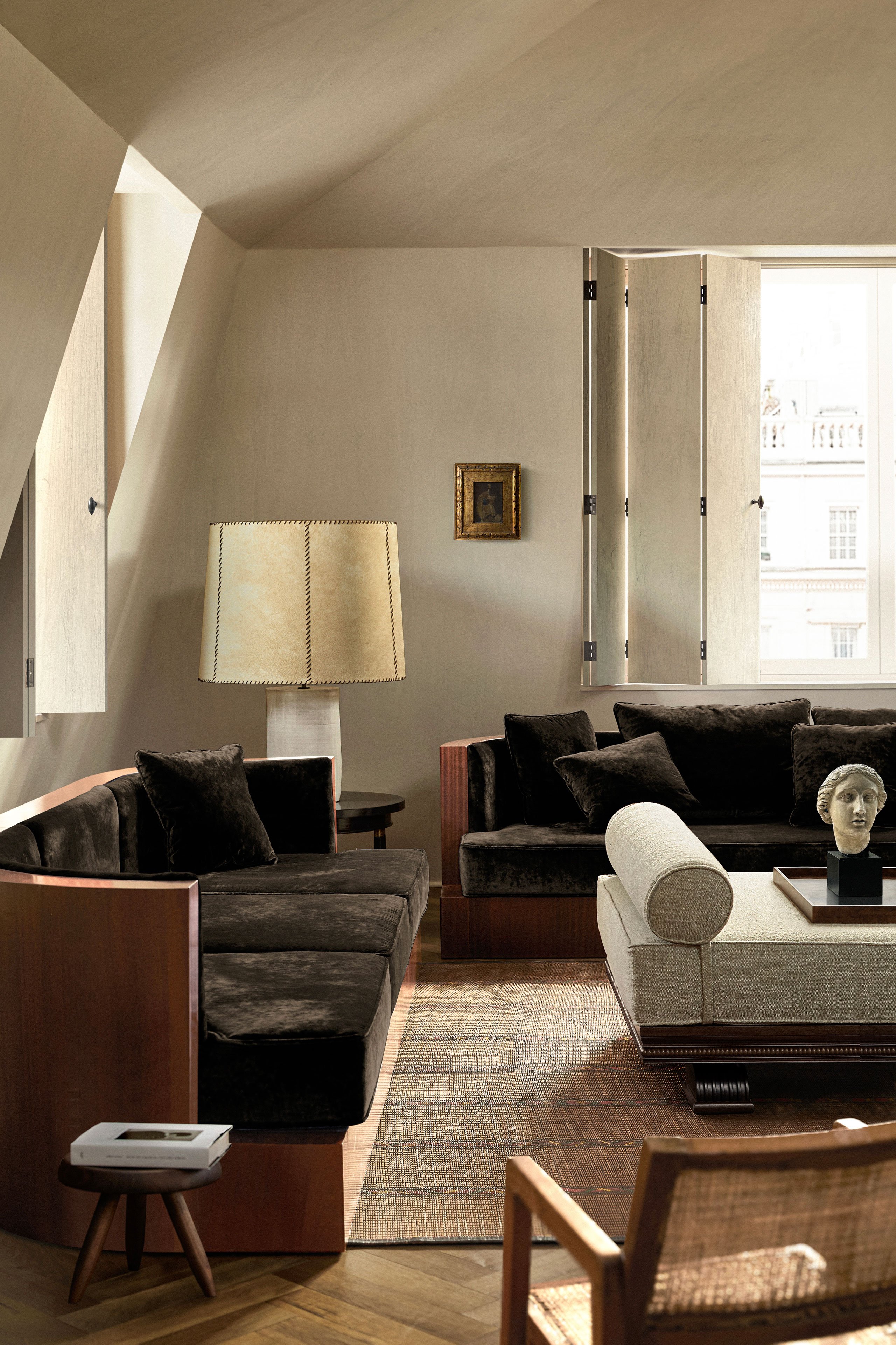 Sofas, Daybed &amp; Table lamp: Custom design by Child Studio. Tabouret Berger Stool designed by Charlotte Perriand in 1950s, produced by Cassina.
Photography by Helen Cathcart.