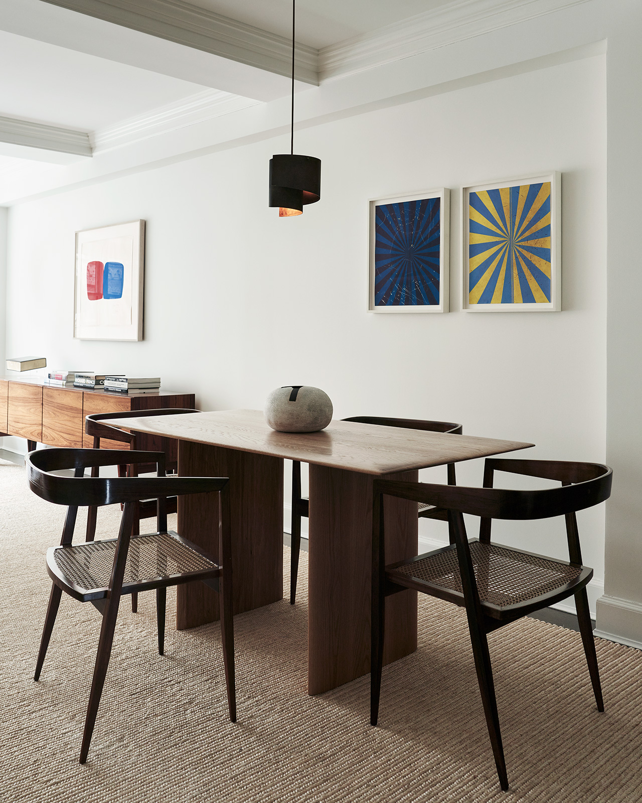 Photography by Adrian Gaut. Styling by Colin King.
Featured: Bespoke dining table by Sandra Weingort fabricated by Casey Johnson Studio; Dining chairs by Joaquim Tenreiro circa 1960 from Bossa Furniture; Pendant lamp by Jørn Utzon circa 1960 from Galerie Half; Artwork (Diptych) by Mark Grotjahn from Anton Kern Gallery.