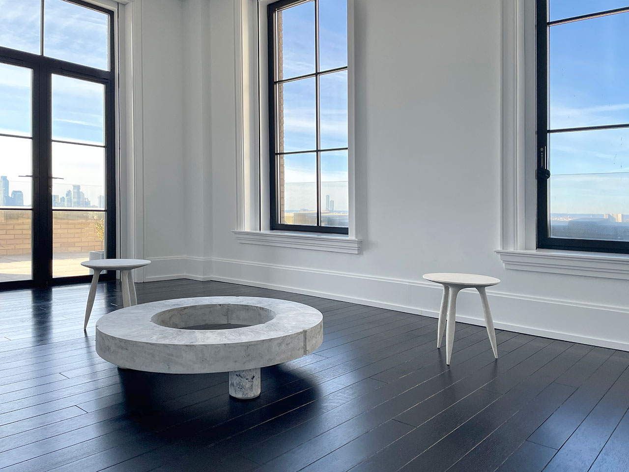 Galerie Philia at Walker Tower, Chelsea, New York. Courtesy of Galerie Philia.
Featured:
Cédric Breisacher, White Butterfly Stools, 2018. Ash. 45 x 41 x 42 cm.
Frederik Bogaerts &amp; Jochen Sablon, Gestalt Bench, 2019. Marble, Pigmented Concrete. 49 x 63 x 31 cm.