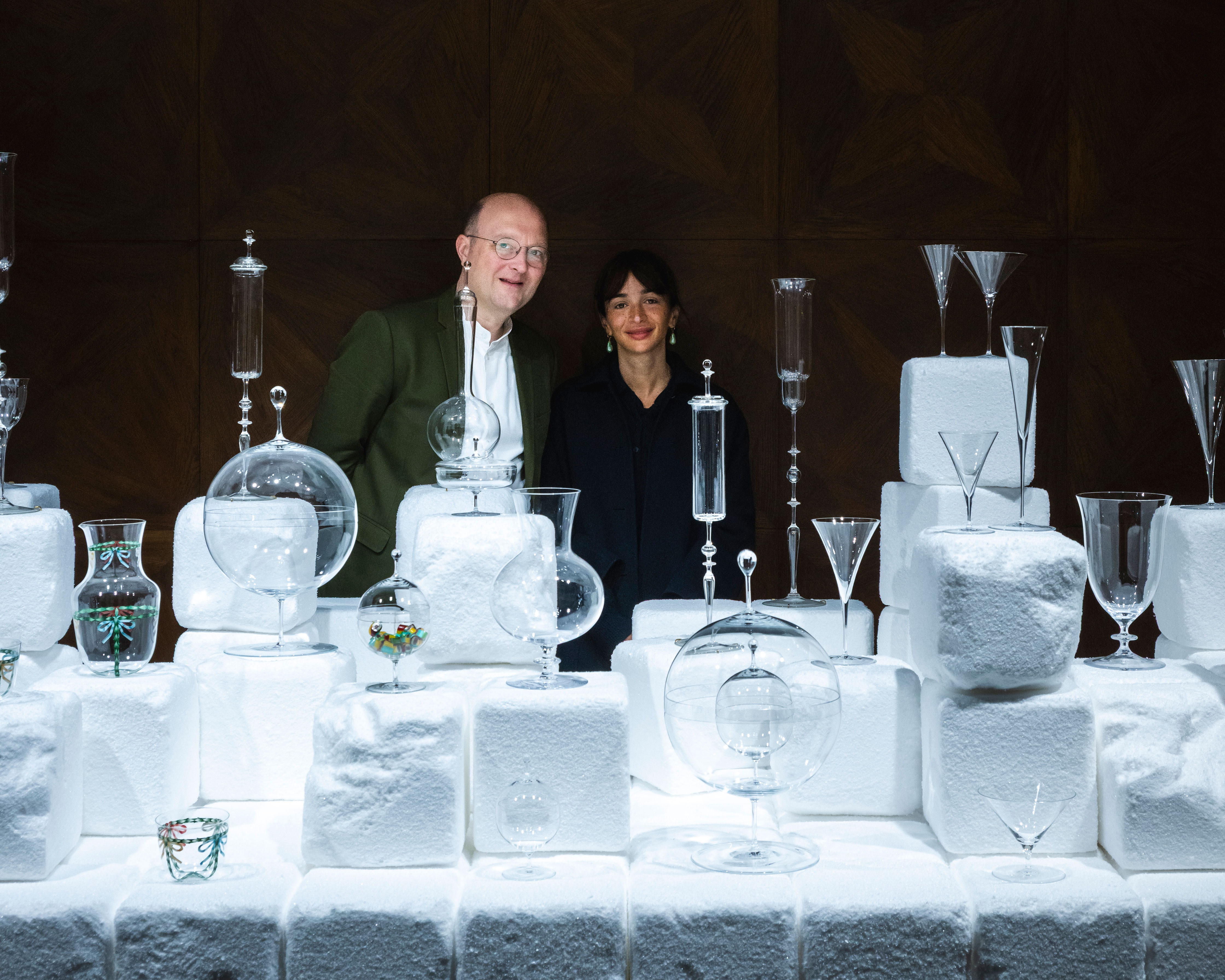 Managing partner of J. &amp; L. Lobmyer, Leonid Rath, and co-founder of Gohar World, Laila Gohar, at LOBMYER X GOHAR WORLD stand. Photography by Mickaël Llorca.