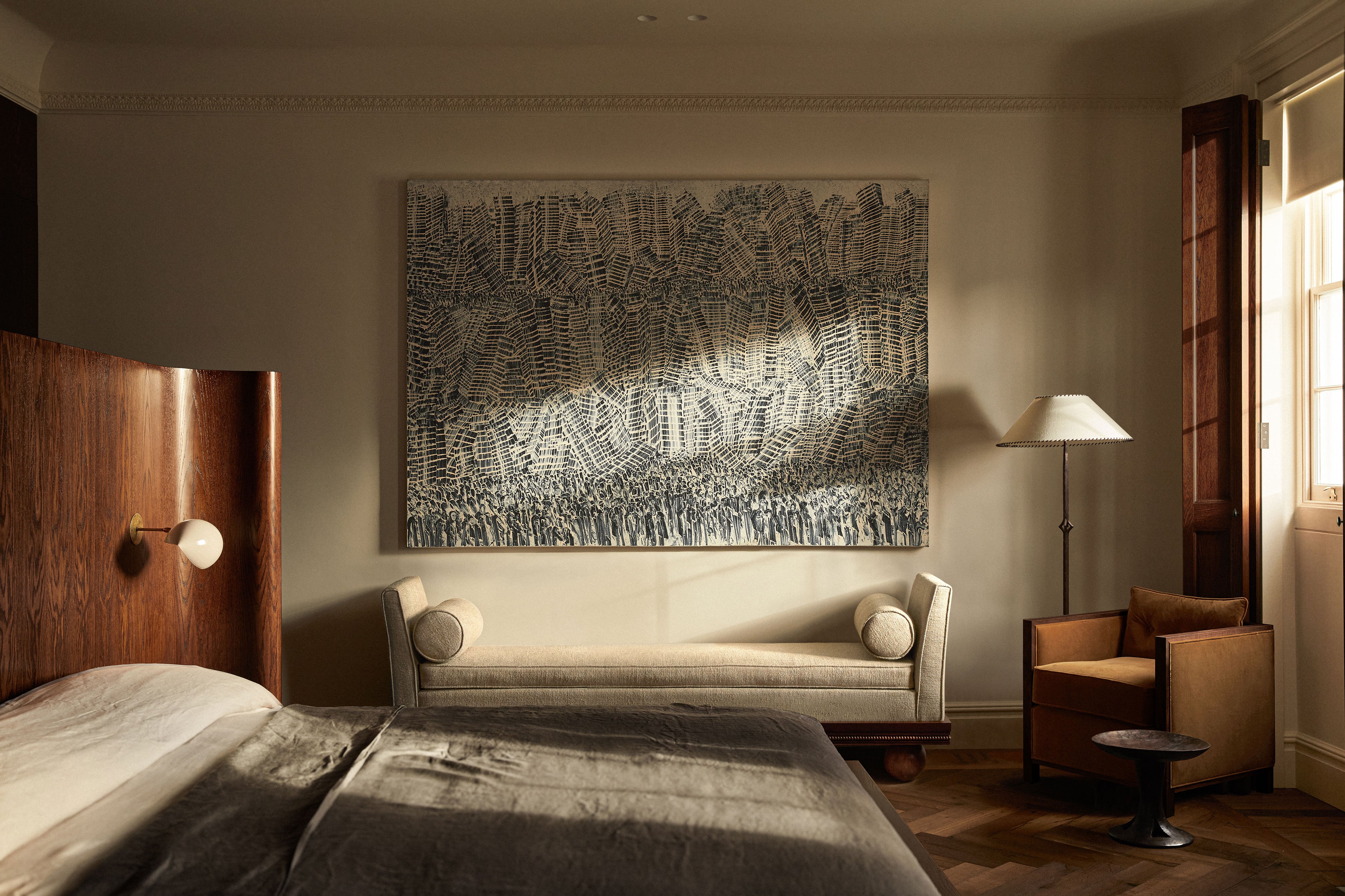 Daybed &amp; Bed: Custom design by Child Studio. Bedside lamps: Vintage Italian lamps ‘Maxina’ by Stilnovo. Side table: Early 20th century Ethiopian hand-carved wooden piece.
Photography by Helen Cathcart.