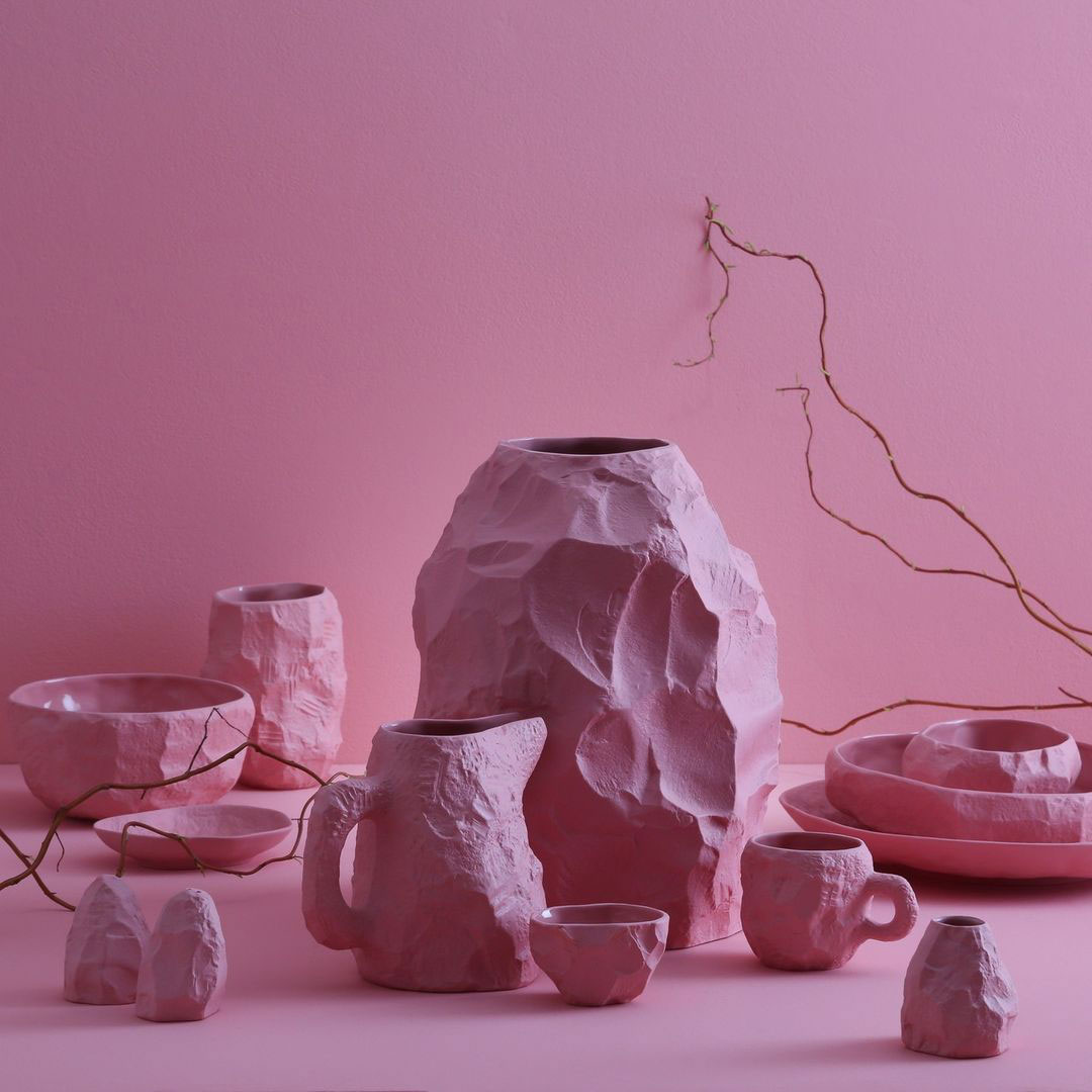 CROCKERY PINK collection of fine bone china tableware by Max Lamb for 1882 Ltd. slip-cast from plaster models carved by hand, with a glazed interior for functionality and a raw exterior reflecting the textured surface of the plaster original. Photo by Anda Wood.