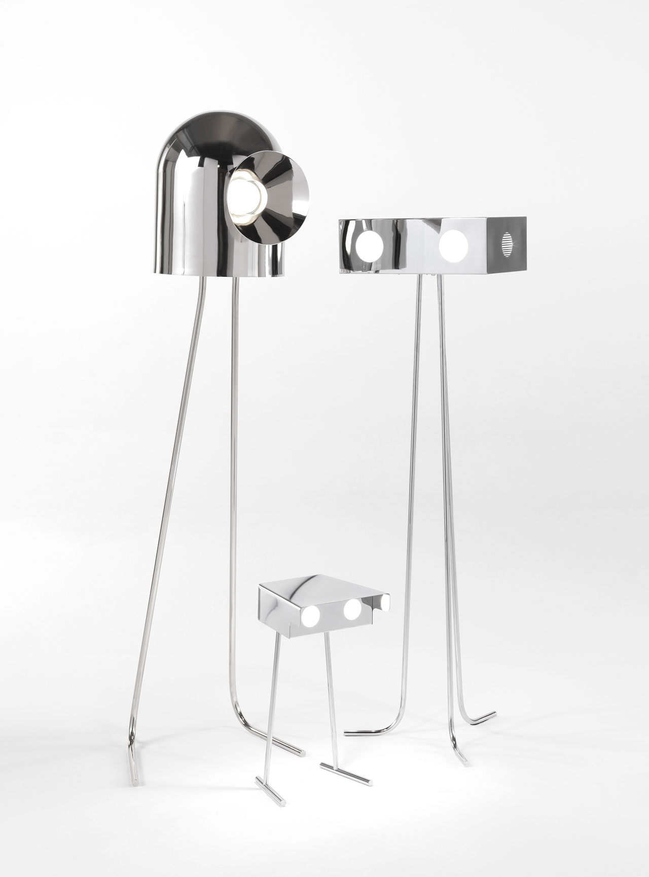 RONE &amp; BETOO floor lamps by Richard Hutten for JCP Universe.Materials: metal structure in chrome finish and white perspex.Dimensions (H x W x D): 160cm x 40cm x 40cm &amp; 50cm x 26cm x 24cm.Photo by Silvio Macchi © JCP Universe