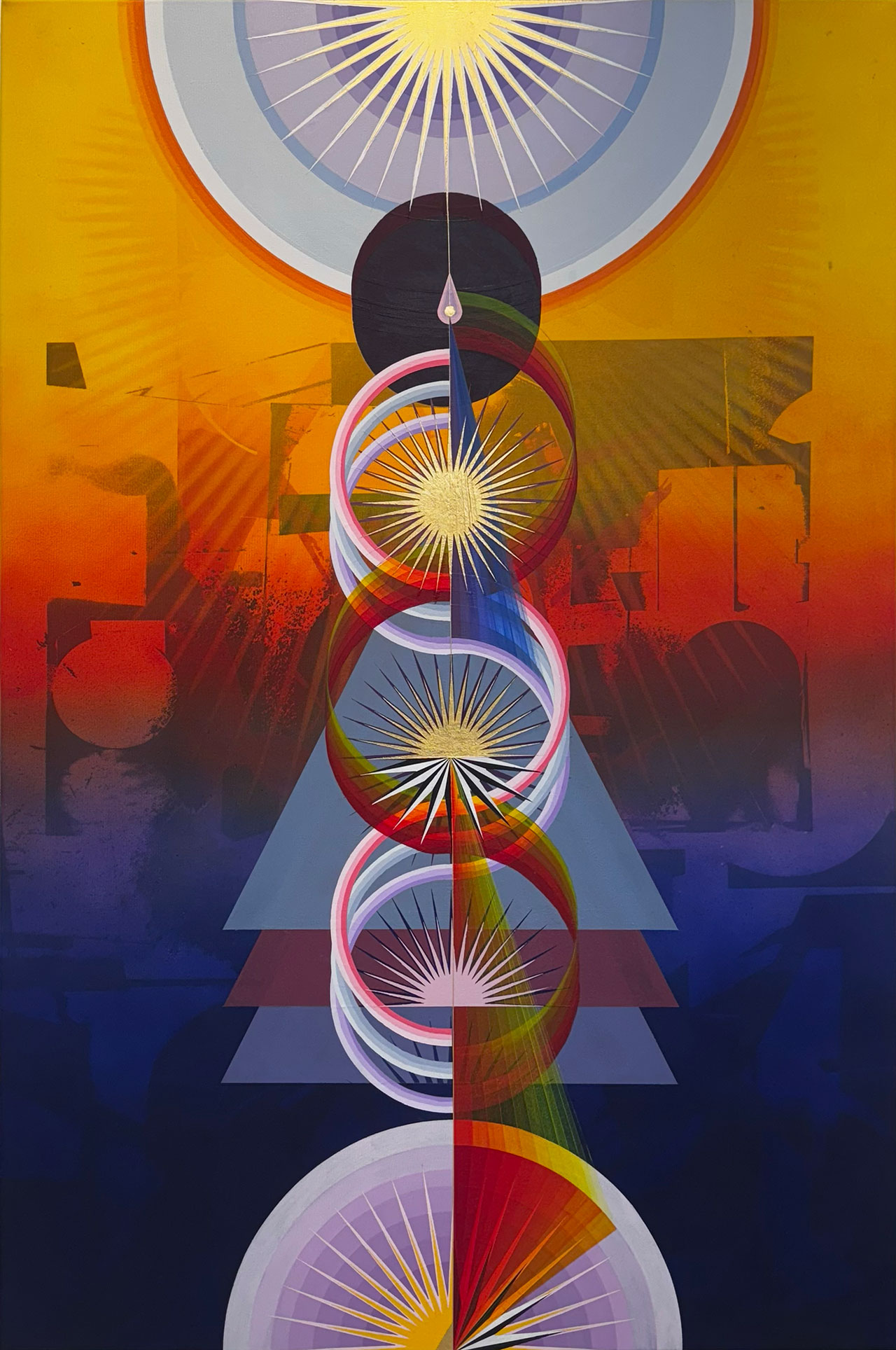 Panos Tsagaris, Strings of Light, 2024. Mixed media on canvas, 150 x 100 cm. Courtesy of Kalfayan Galleries.