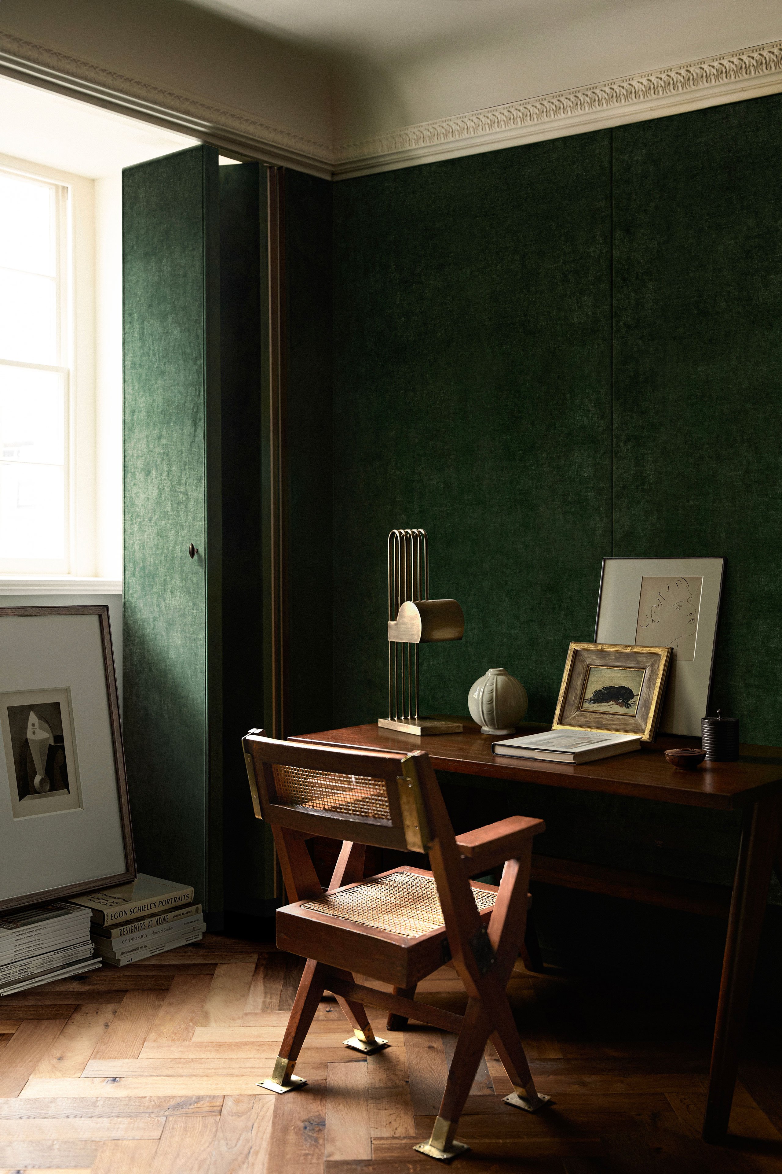 Desk &amp; Chair designed by Pierre Jeanneret in the 1960s for Le Corbusier's Chandigarh project. Bauhaus desk lamp designed by Marcel Breuer in 1925.
Photography by Helen Cathcart.