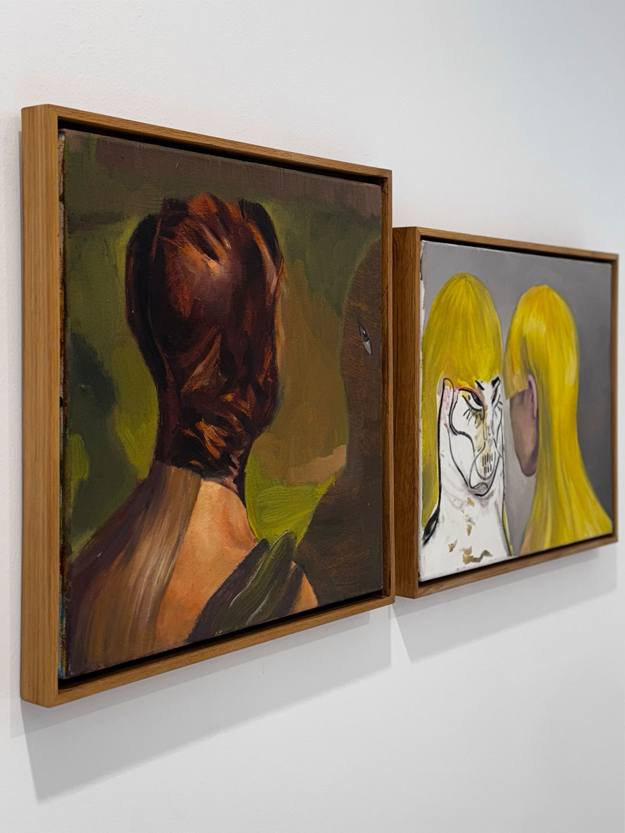 Mathias Bar.
Conversation, 2018-2024. Oil on canvas. 40 x 40 cm.
Mirror: Twins, 2023. Oil and charcoal on canvas. 35.5 x 45 cm.
META Spațiu gallery.
Installation view, Art Athina 2024, Zappeion Hall, Sep 19 - 23, 2024.