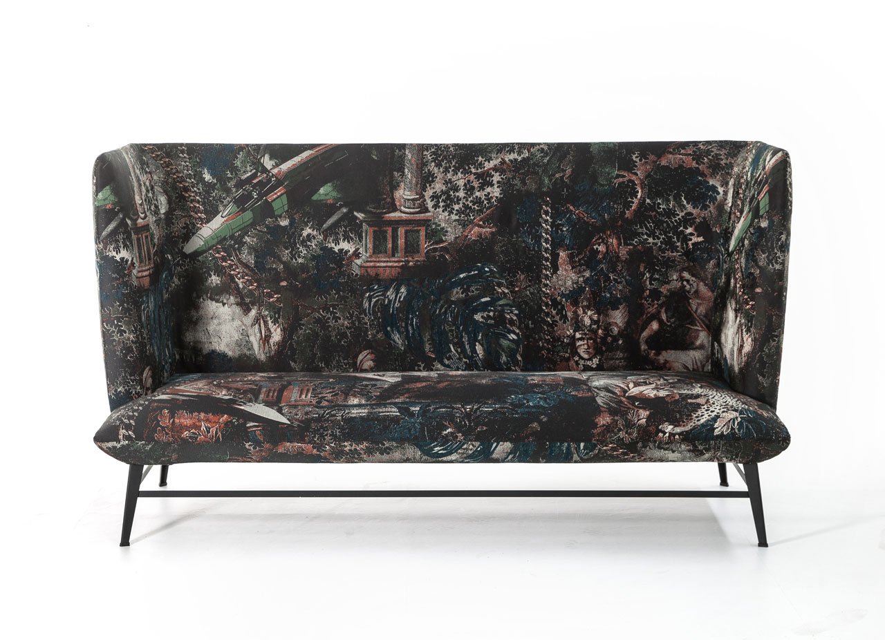 Gimme Shelter seating system covered with the new Natural Orgy tapestry by Moroso for Diesel living.