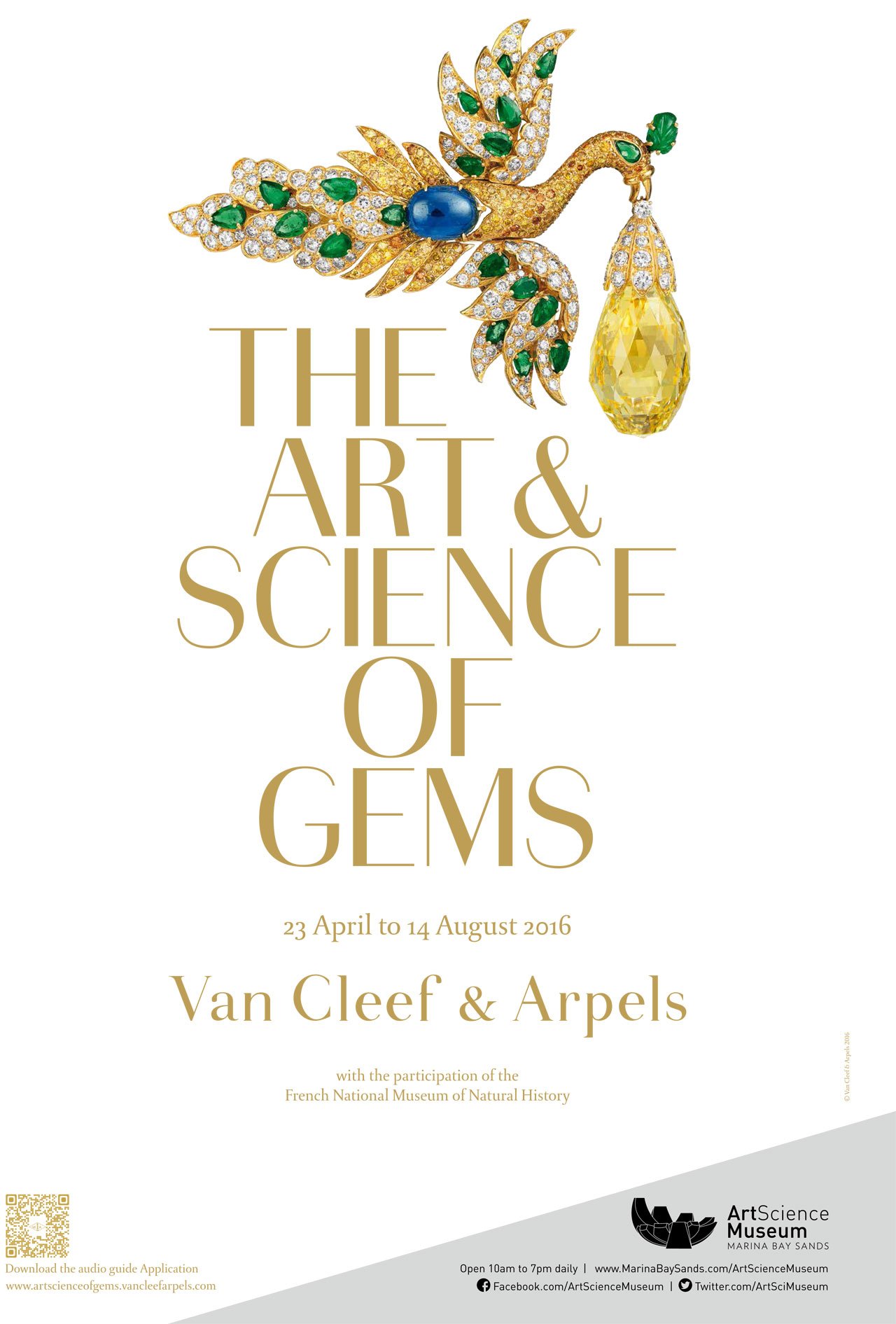 'The Art &amp; Science of Gems' poster, featuring the Bird clip and pendant, (1971-1972). Gold, emeralds, sapphire, yellow and white diamonds and a 96.62-carat briolette-cut yellow diamond formerly owned by the famous Polish opera singer Ganna Walska. Van Cleef &amp; Arpels Collection. Photo by Patrick Gries © Van Cleef &amp; Arpels.