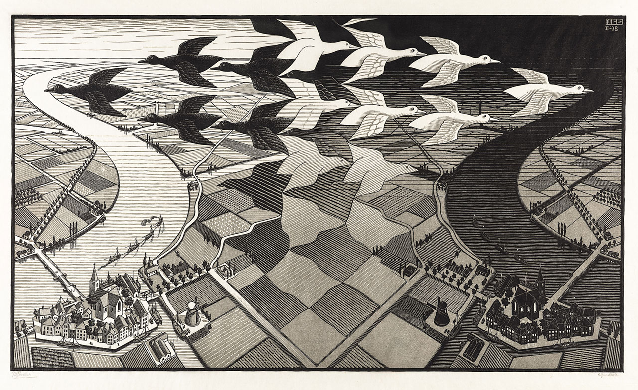 M. C. Escher, Day and night, February 1938, woodcut, printed in grey and black inks. Escher Collection, Gemeentemuseum Den Haag, The Hague, the Netherlands © The M. C. Escher Company, the Netherlands. All rights reserved. 