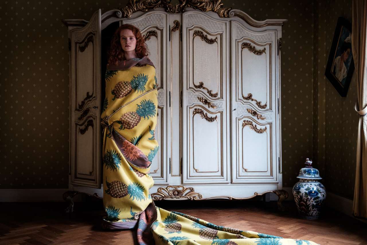 Elisabeth draped in a fabric woven especially for the University Club project, indicative of Demeyer's surrealist expression. Featured in the book 'Fearless Living'. Photo © JPDEMEYER&amp;CO.