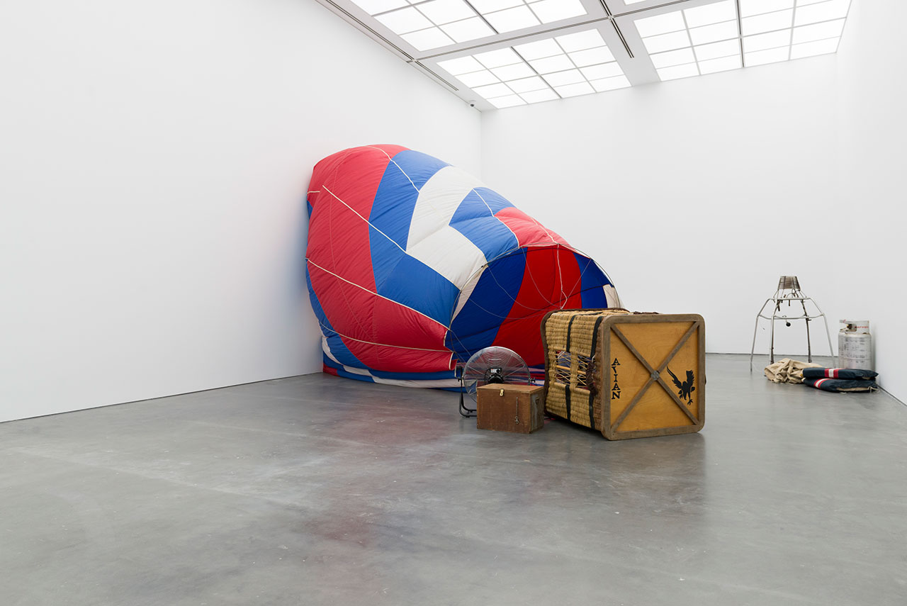 Kris Martin, T.Y.F.F.S.H., 2009. Hot air balloon, ventilators. Installation view MCA Chicago. Photo MCA Chicago.
Artist's statement: The dream of  flying and drifting with the wind is captured in the museum.