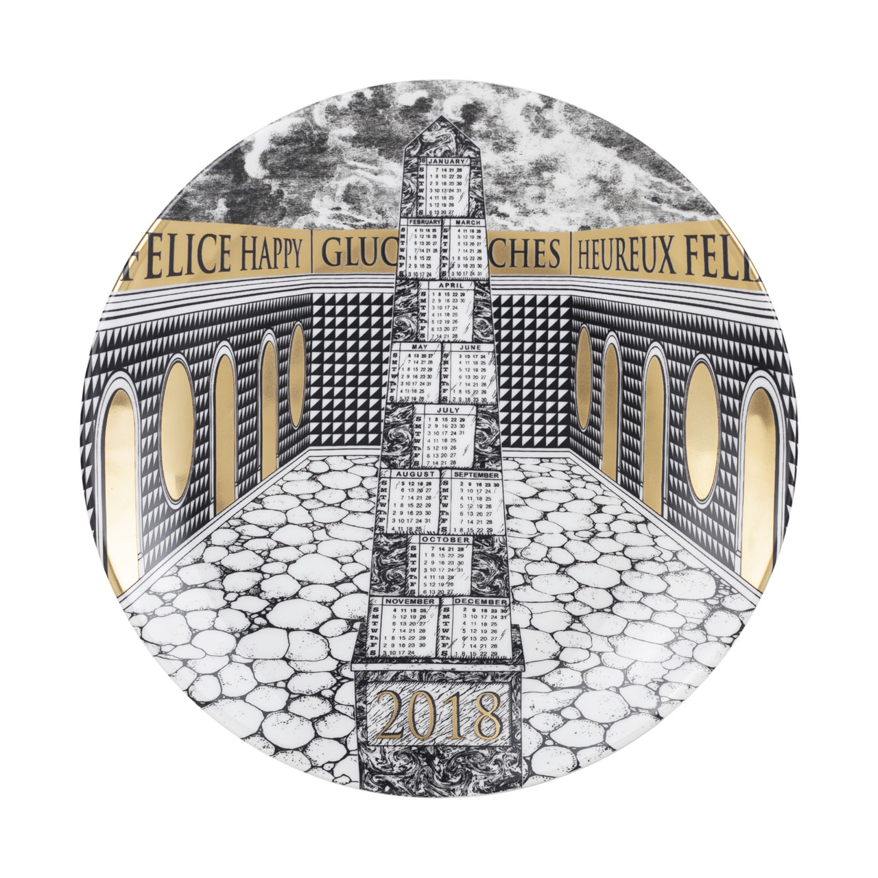 Fornasetti Piatto Calendario 2018, porcelain and gold, diameter 24 cm.