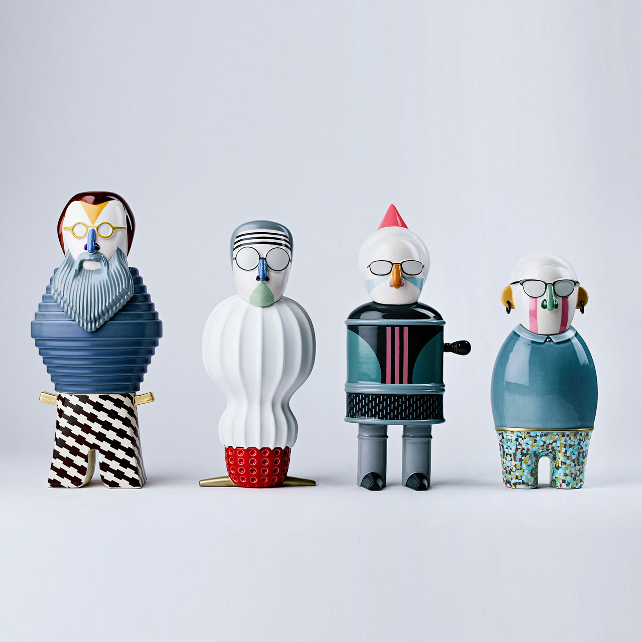 From left to right: Michele De Lucchi, Achille Castiglioni, Riccardo Dalisi and Alessandro Mendini from the Most Illustrious three-dimensional ceramic figure collection by Elena Salmistraro for Bosa Ceramiche.