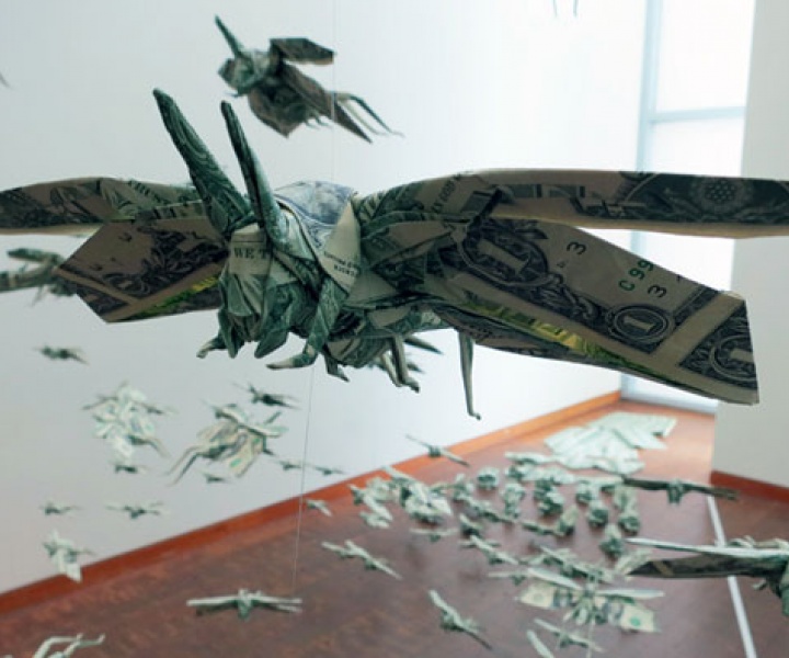 Sipho Mabona's Swarm of Flying Money Origami Locusts